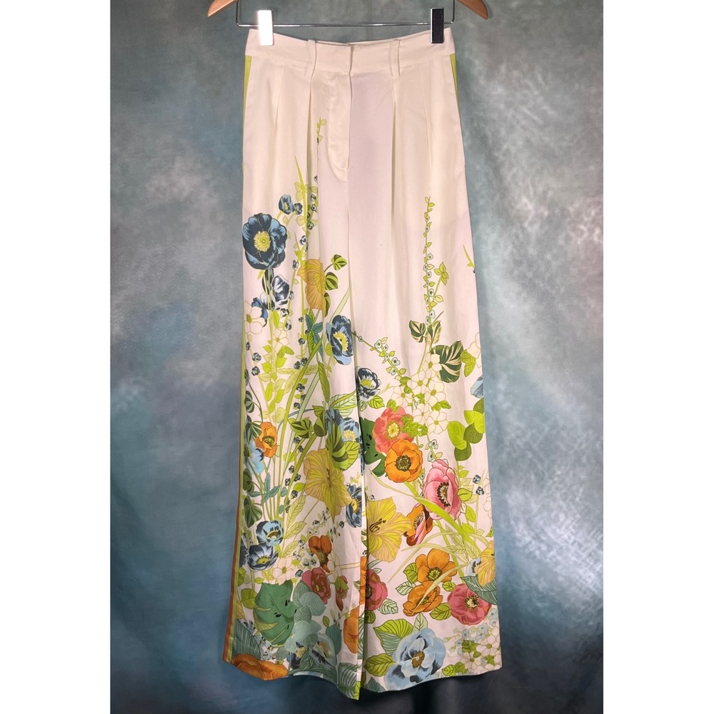 ALÉMAIS Floral Wide Leg Trousers High Waist Botanical‎ Print White Multi Size 2